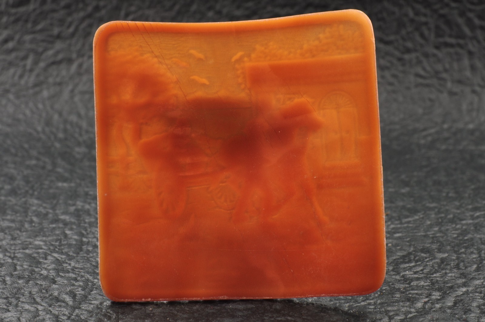 Vintage square shell cameo, carved “Women going out”, (74.5ct) sign by artist.