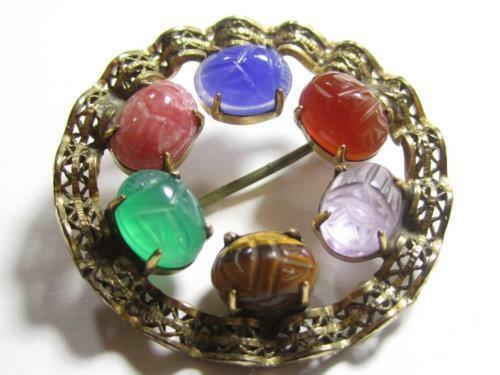 Egyptian Revival Gemstone Scarab Beetle Signed WRE 1/20 12K Gold Filled Pin