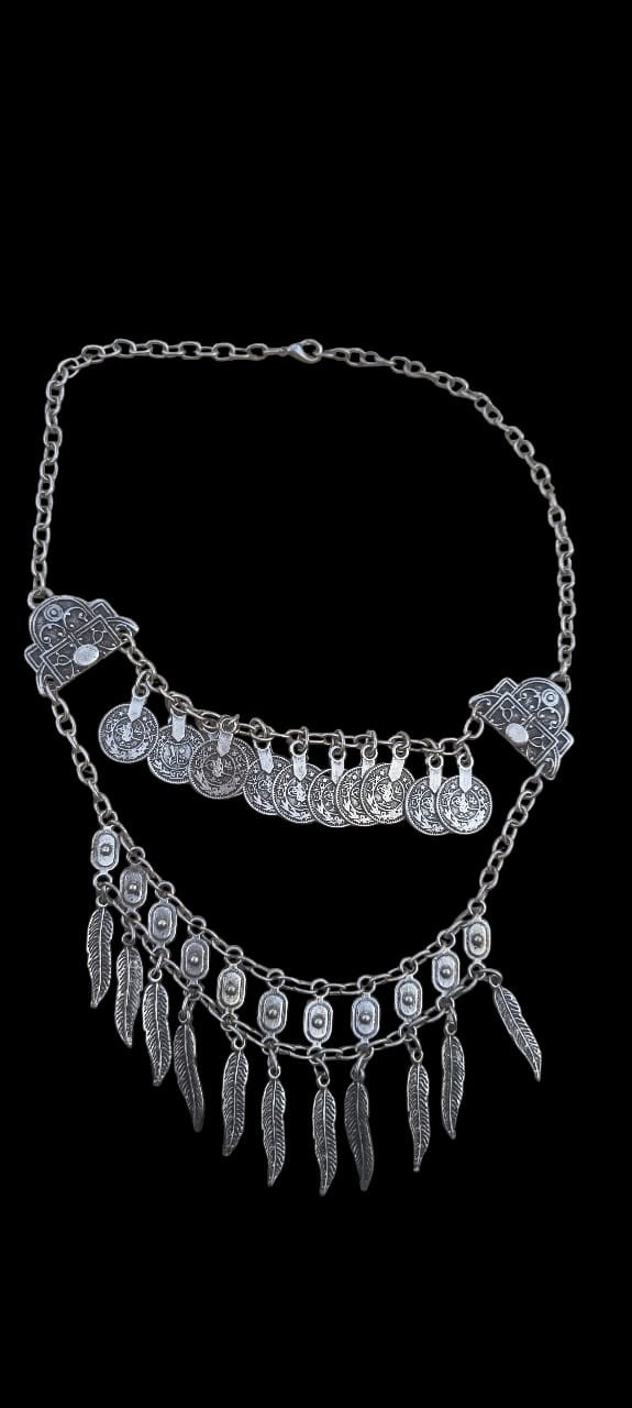 Vintage Silver Tone Boho Coin Feather Tassel Layered Necklace Gypsy Bibi Women