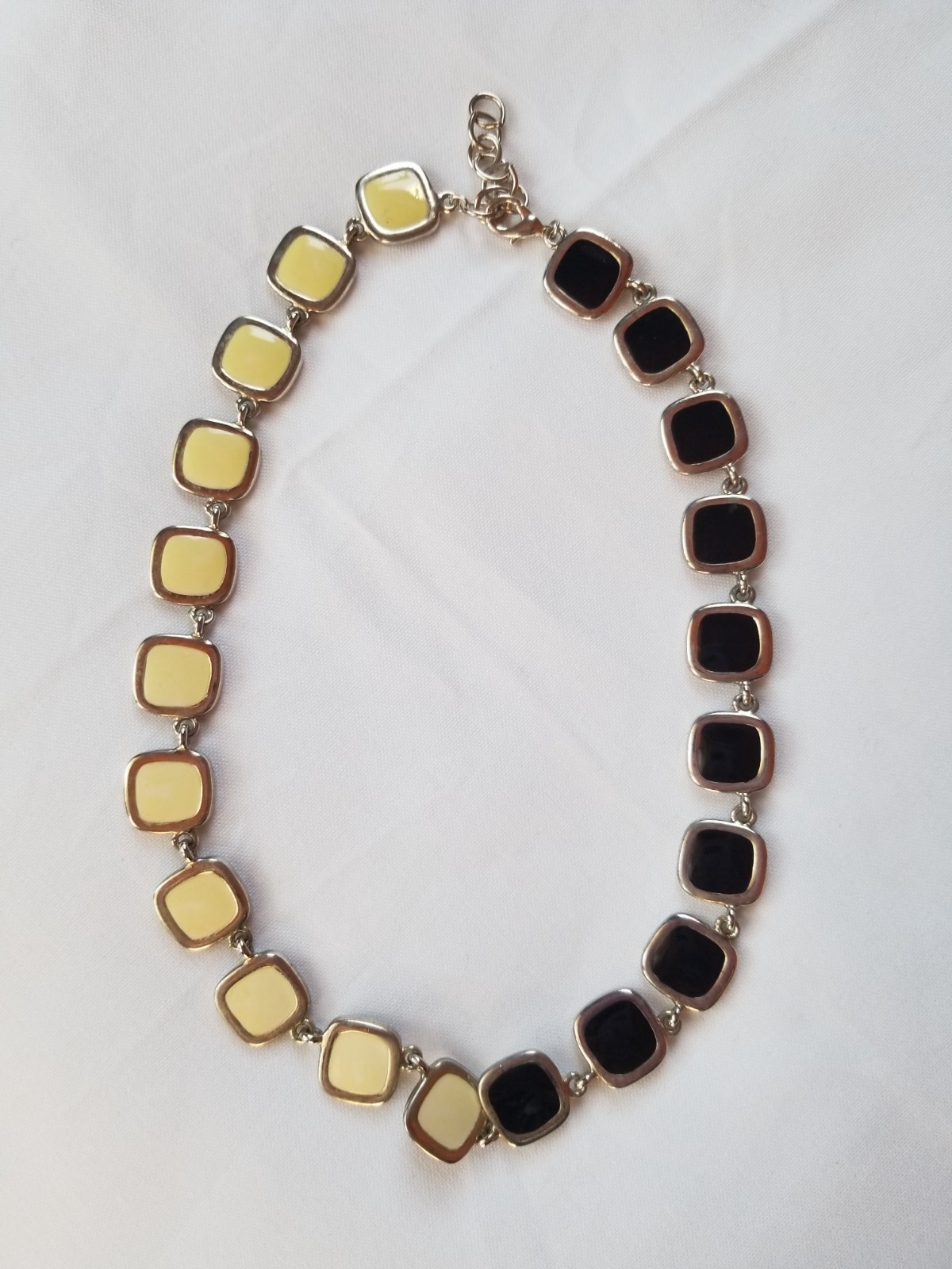 Vintage 1970s Black and Cream Enamel Geometric Necklace Reversible Silvertone