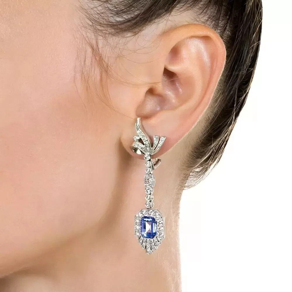Art Deco Style Emerald Sapphire & Lab Created Diamond 14k White Gold FN Earring