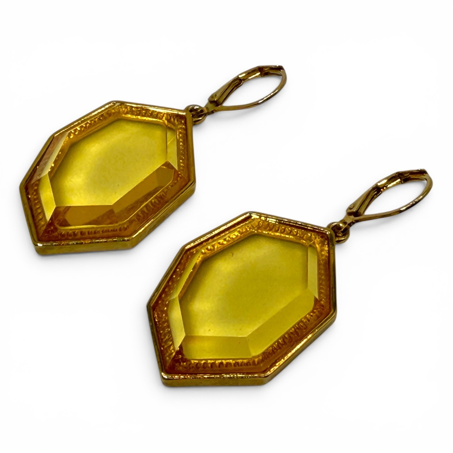 Joan Rivers NOS Vintage 22K Gold Plated Honey Yellow Resin Earrings 1.75” Drop