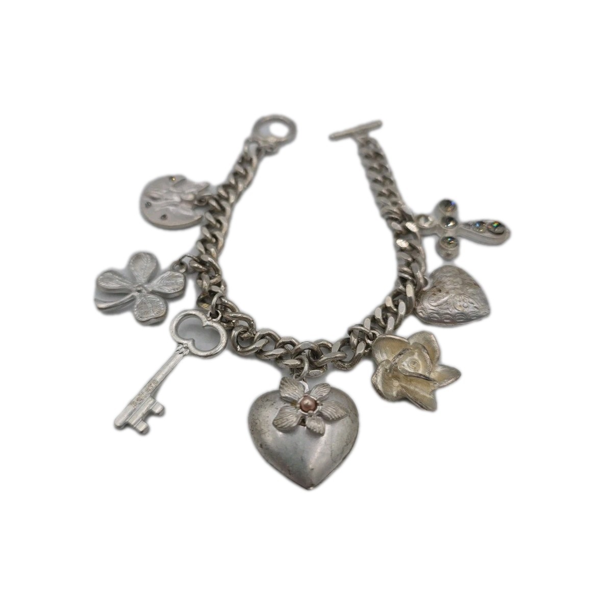 Vintage Silver Tone Chunky Charm Bracelet Heart Key Clover 8″ Cross Love Luck