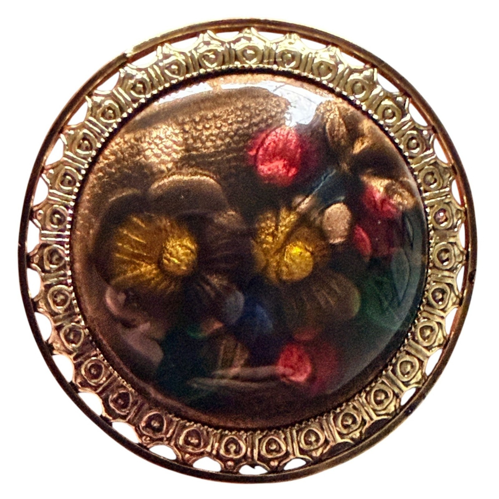 Vintage Reverse Carved Lucite Brooch Gold Tone Floral Pin 1950s New Old Stock