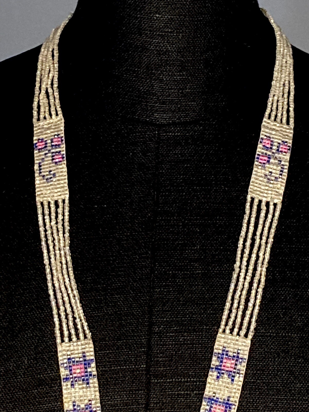 1920s Flapper Deco Sautoir Necklace, Very Good Antique Condition, Ecru/Blue/Pink