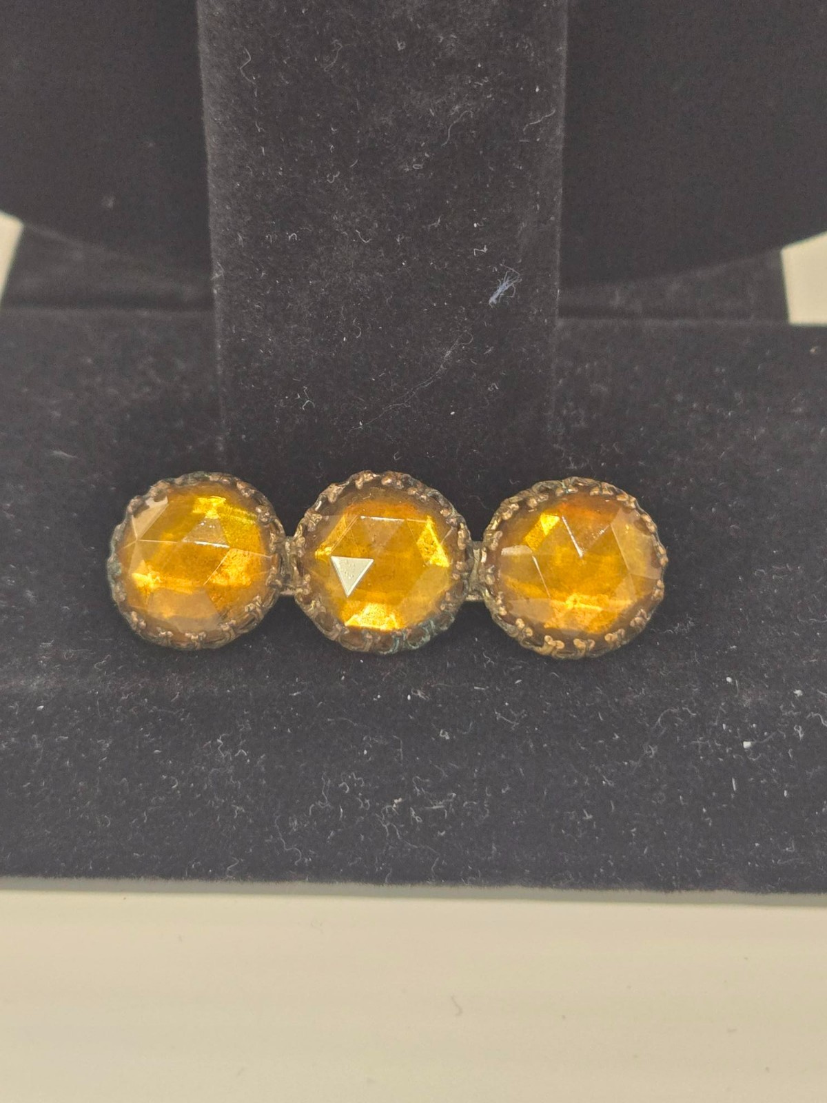Antique Victorian Amber Glass Brooch Gold Tone 3 Stone Sash Pin T-Bar C-Clasp