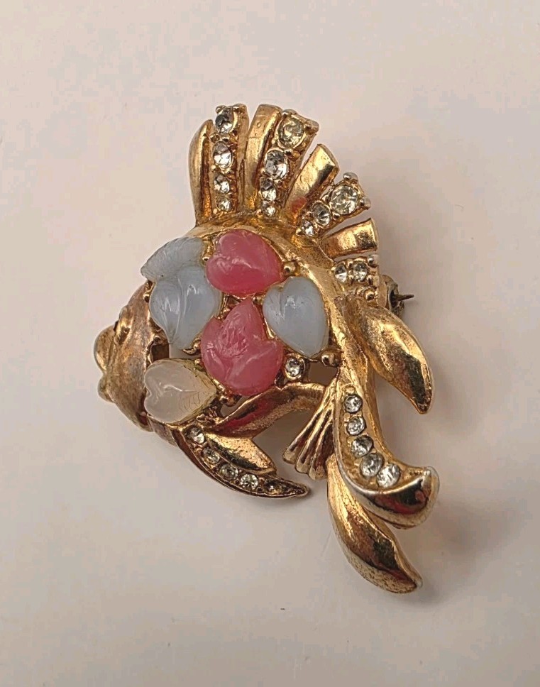 Vintage Pink, White, Blue Pressed Glass W/Crystals Tutti Frutti Fish Brooch