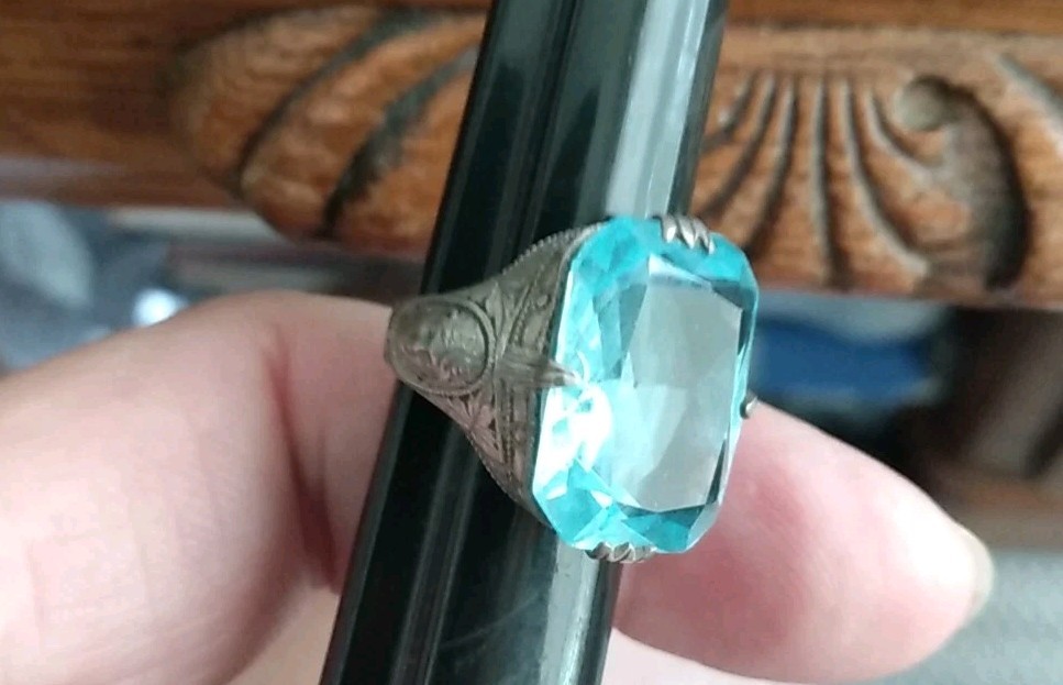 Antique Art Deco Sterling Silver Ring Czech blue Glass Size 5 1/2