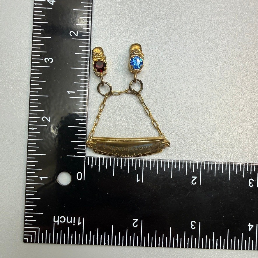 Vintage Vermeil Grandmother Brooch with Baby Shoe Charms Red Blue Stones Signed