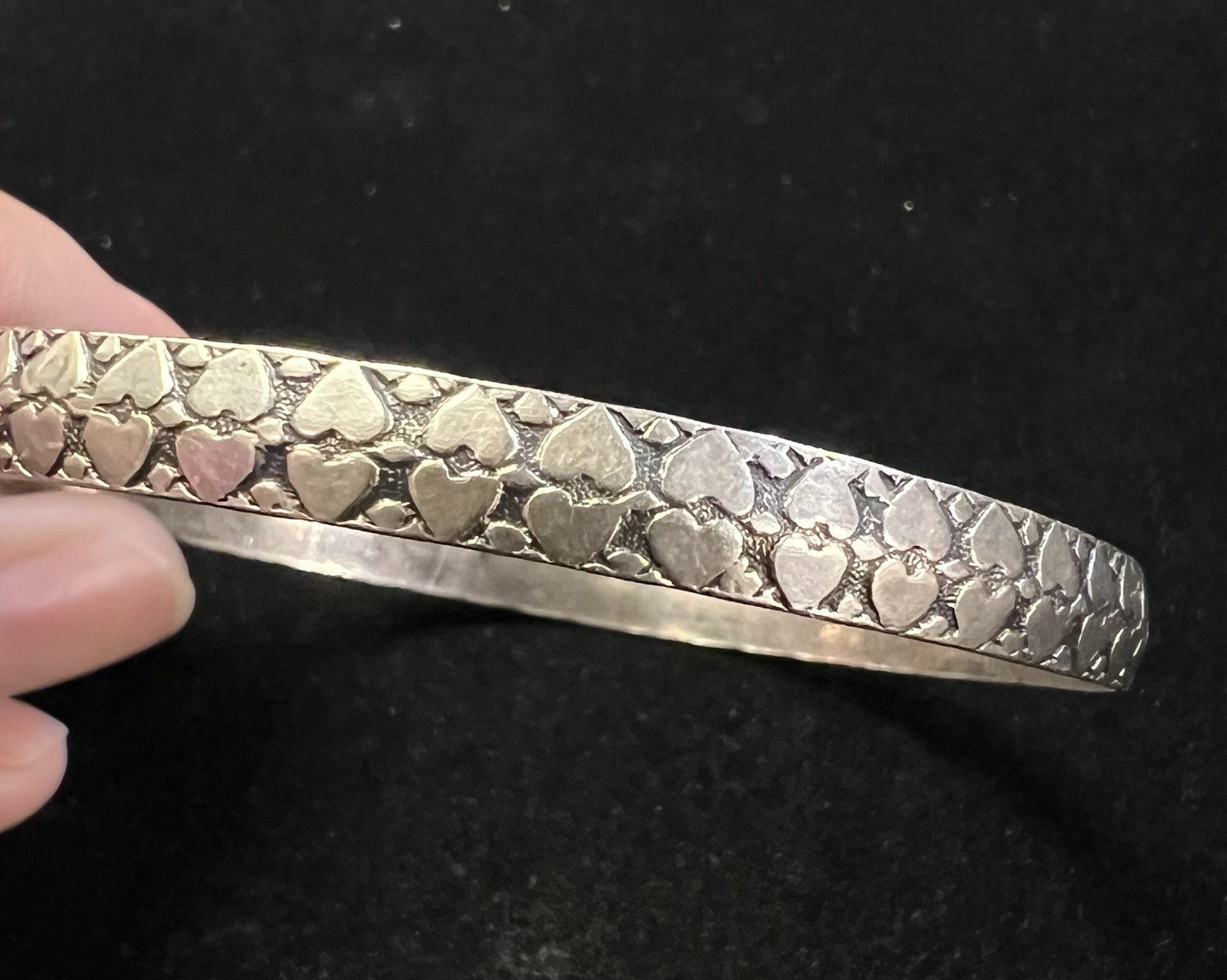 VINTAGE DECO DANECRAFT Motif DOUBLE HEART STERLING 925 unsigned BANGLE BRACELET