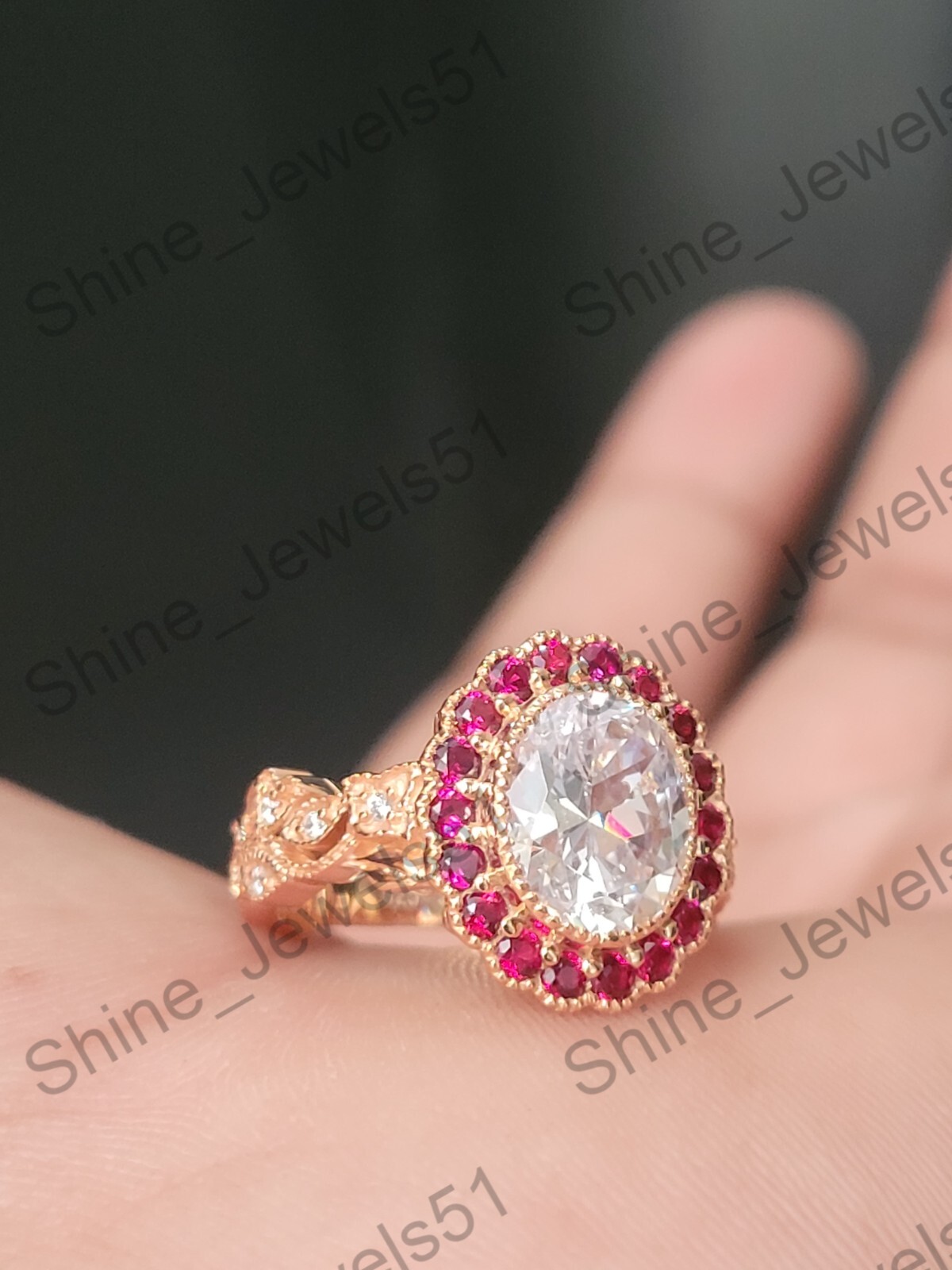 Art Deco Oval Cut Lab Created Diamond & Ruby Halo Wedding Bridal 925 Silver Ring