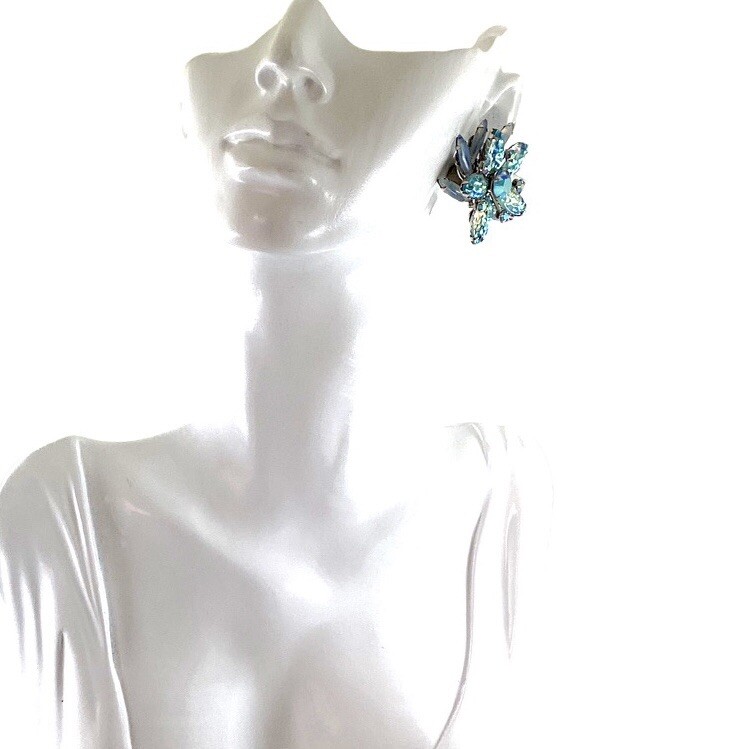 Vintage Judy Lee Blue Iridescent Glass Floral Clip Earrings AB Rhinestone 1960s