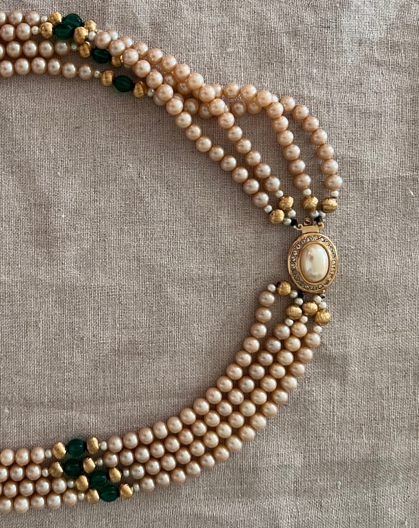 Vintage 4 Layered Ivory Pearl Green Glass Crystal Pave Clasp Beaded 24” Necklace