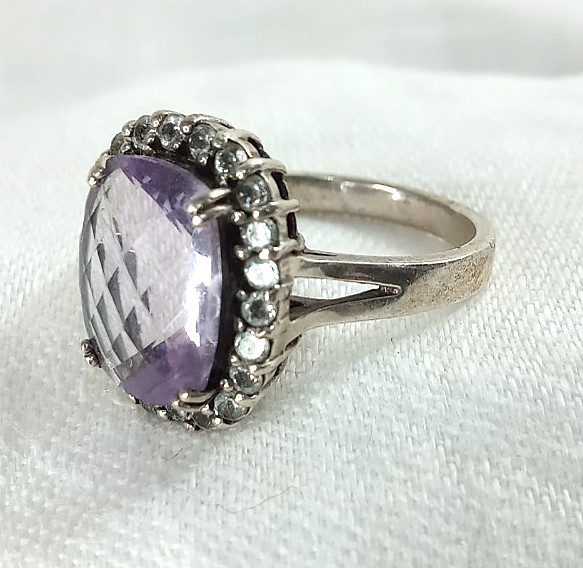Vintage 925 Sterling Silver RING Cushion Faceted Amethyst Stone CZ Halo 9.5 – 10