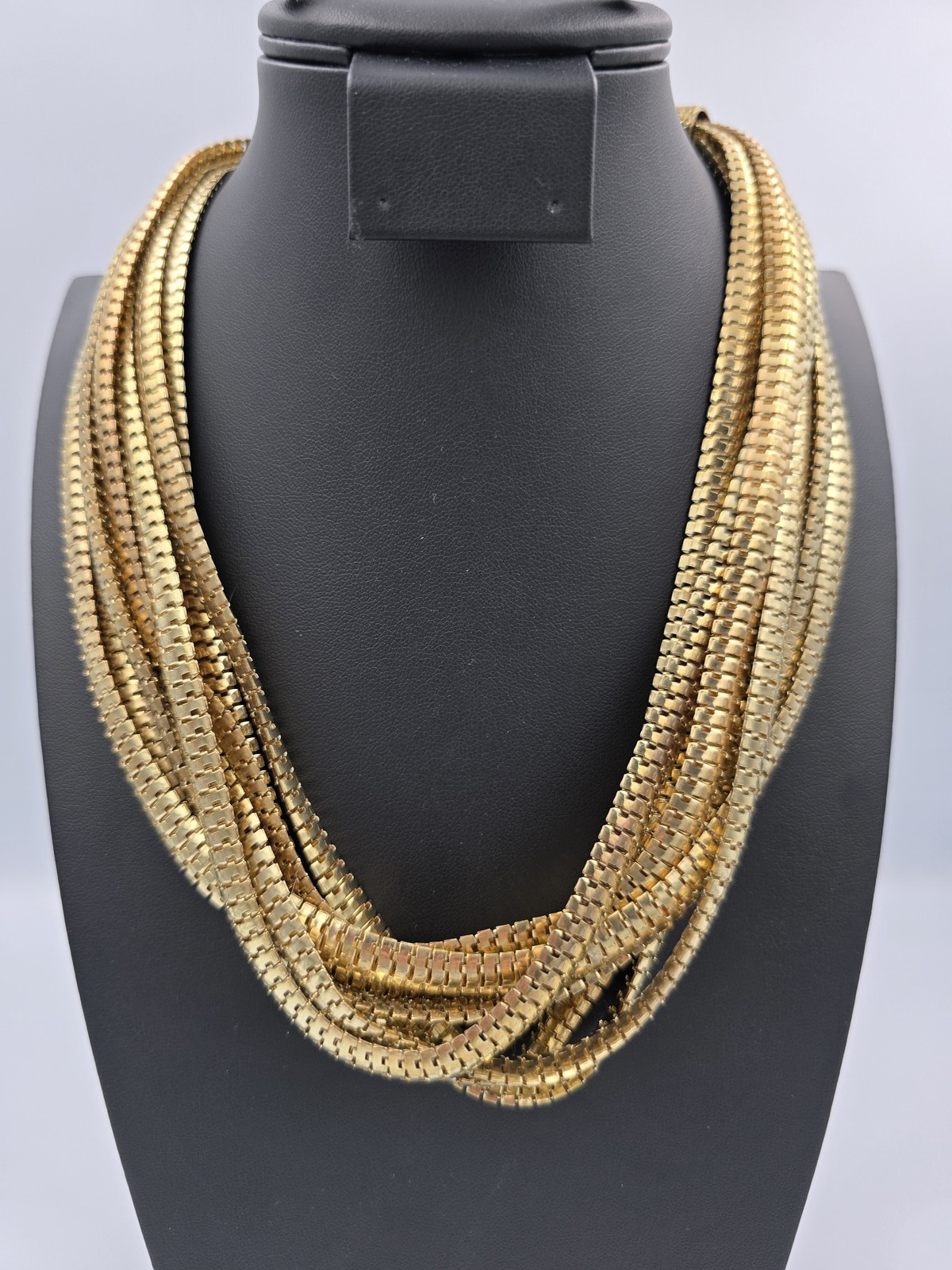 Vintage Multi-Strand Gold Tone Box Link Snake Chain Statement Necklace