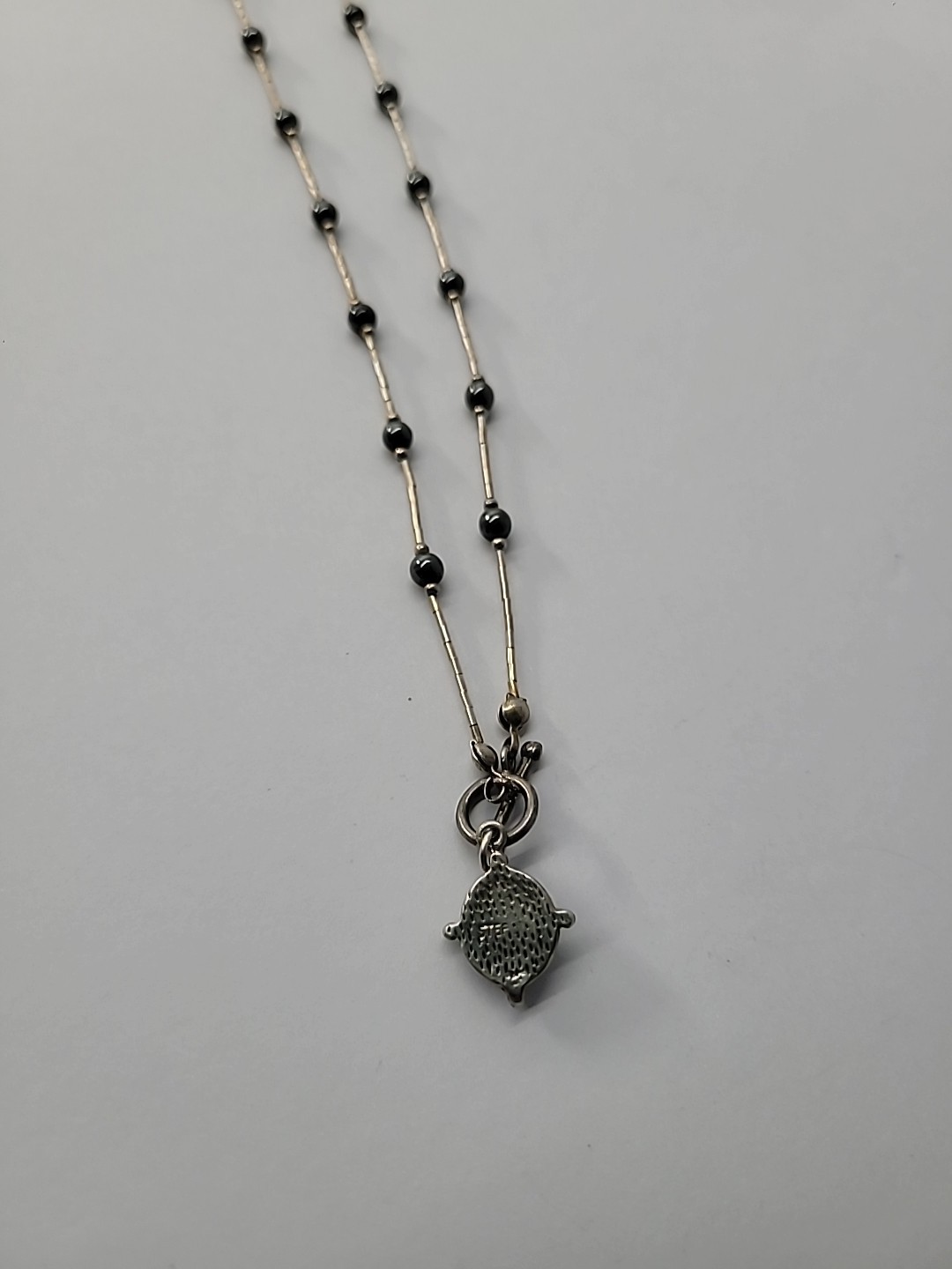 Vintage Silver Tone Hematite Pendant Necklace Bar Beaded Toggle Jewelry