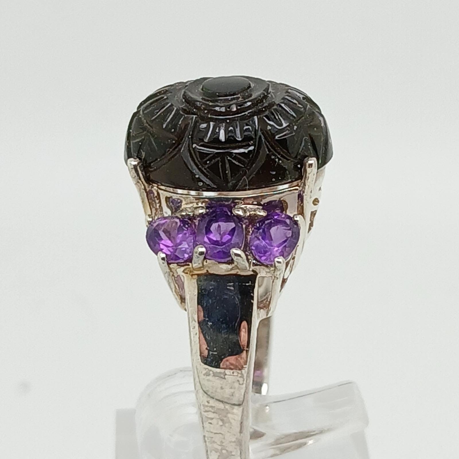 Vintage 1990s Thailand CBS 925 Sterling Silver Carved Onyx Amethyst Ring Size 8