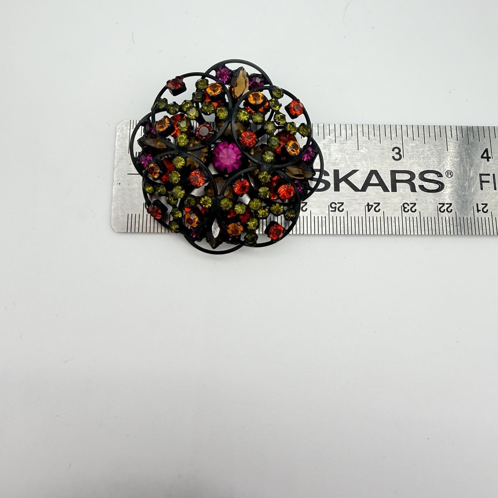 Vtg Unsigned Beauty Brooch Pin Fuchsia Rhinestone Japanned Layered Dome Open Bac