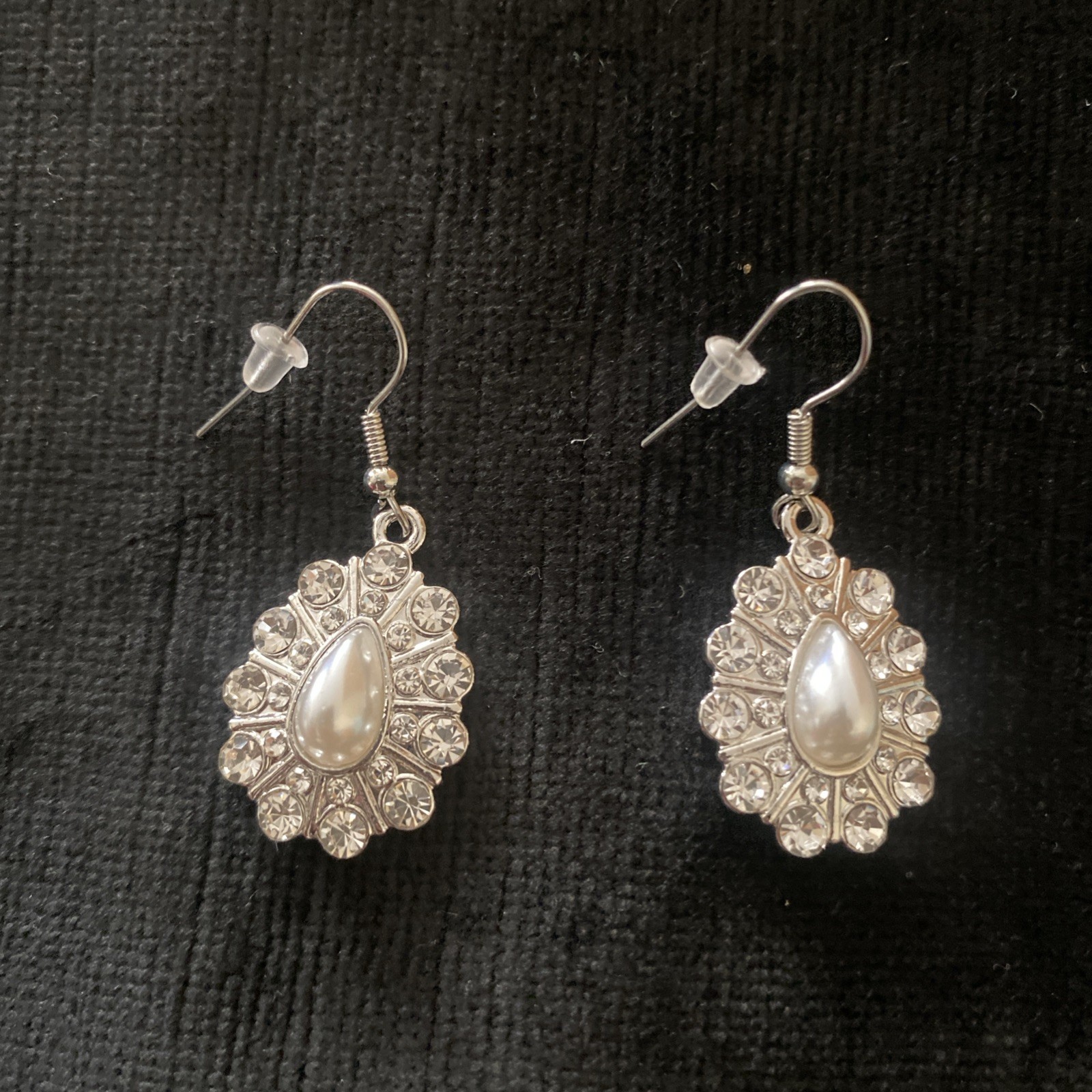 Vintage Earrings Faux Pearl & Rhinestone Teardrop Dangle Silver Tone Statement