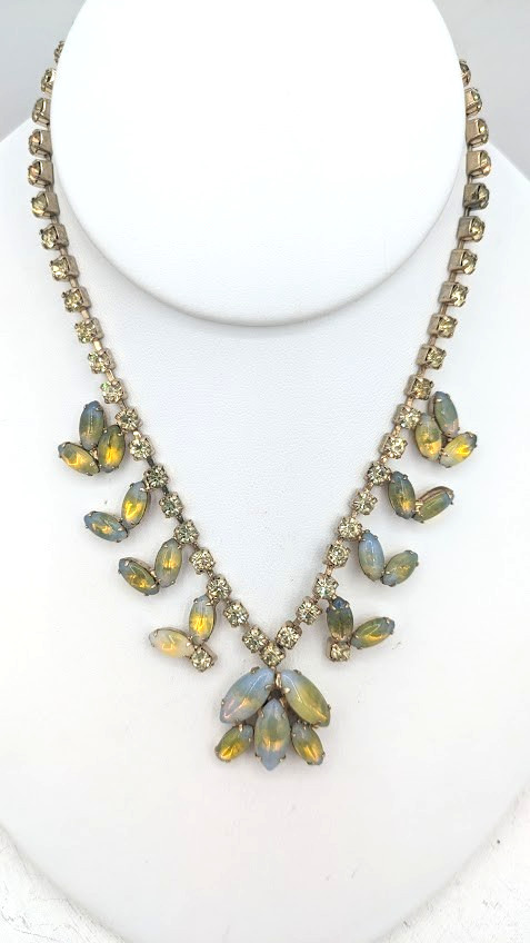 Vintage Givre Glass Necklace Rhinestone Blue Green Opalescent Prong Set