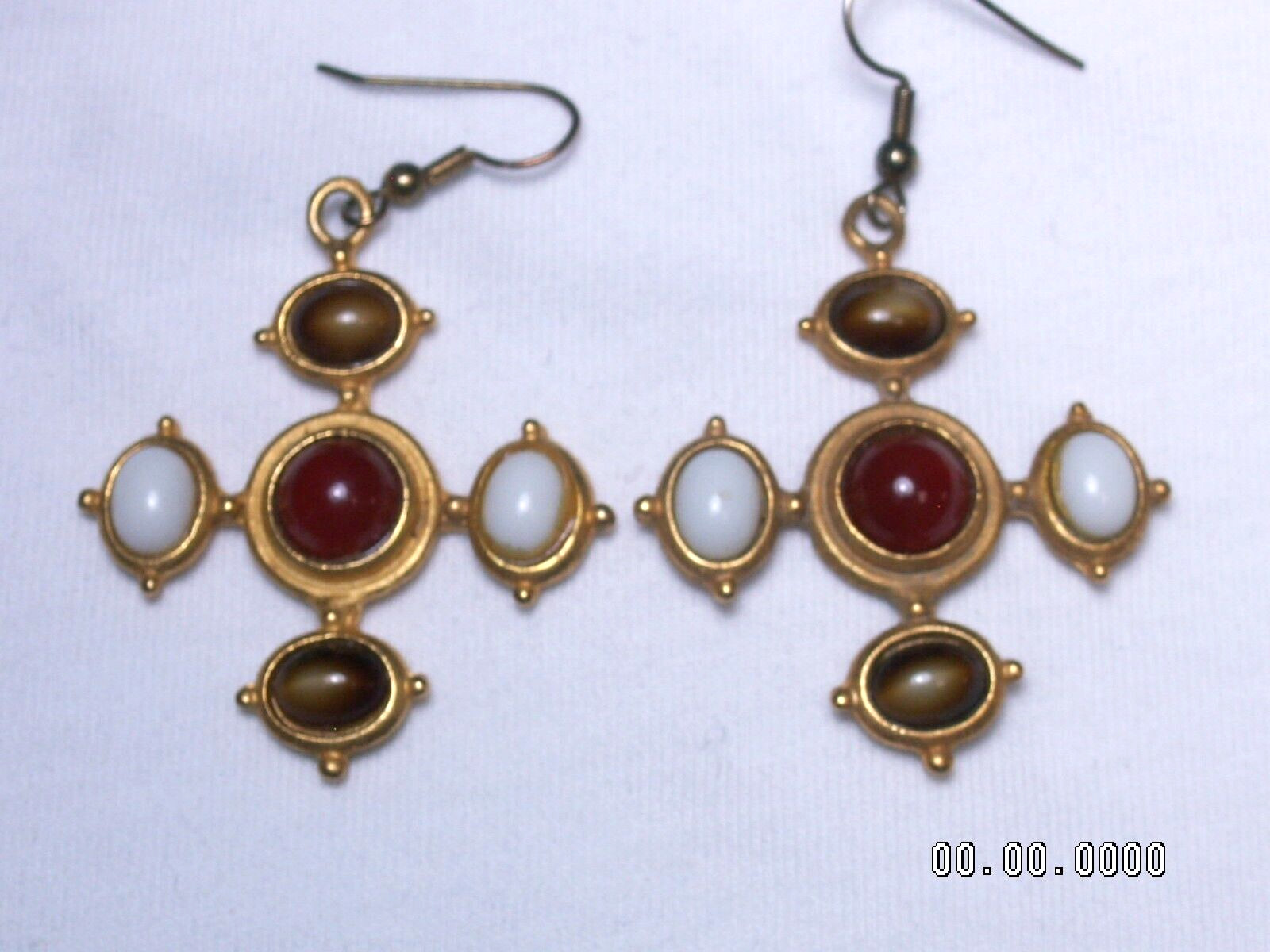 …EH Jewelry Gold Tone, Glass Cabs Cross Dangle Pierced Earrings…