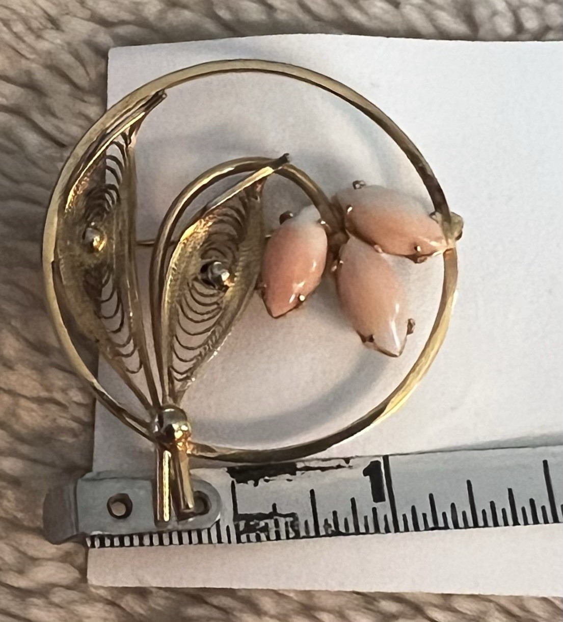 Vintage Sorrento 1/20th 12k Yellow Gold Fill GF Filigree Coral Pin Brooch 4.8g