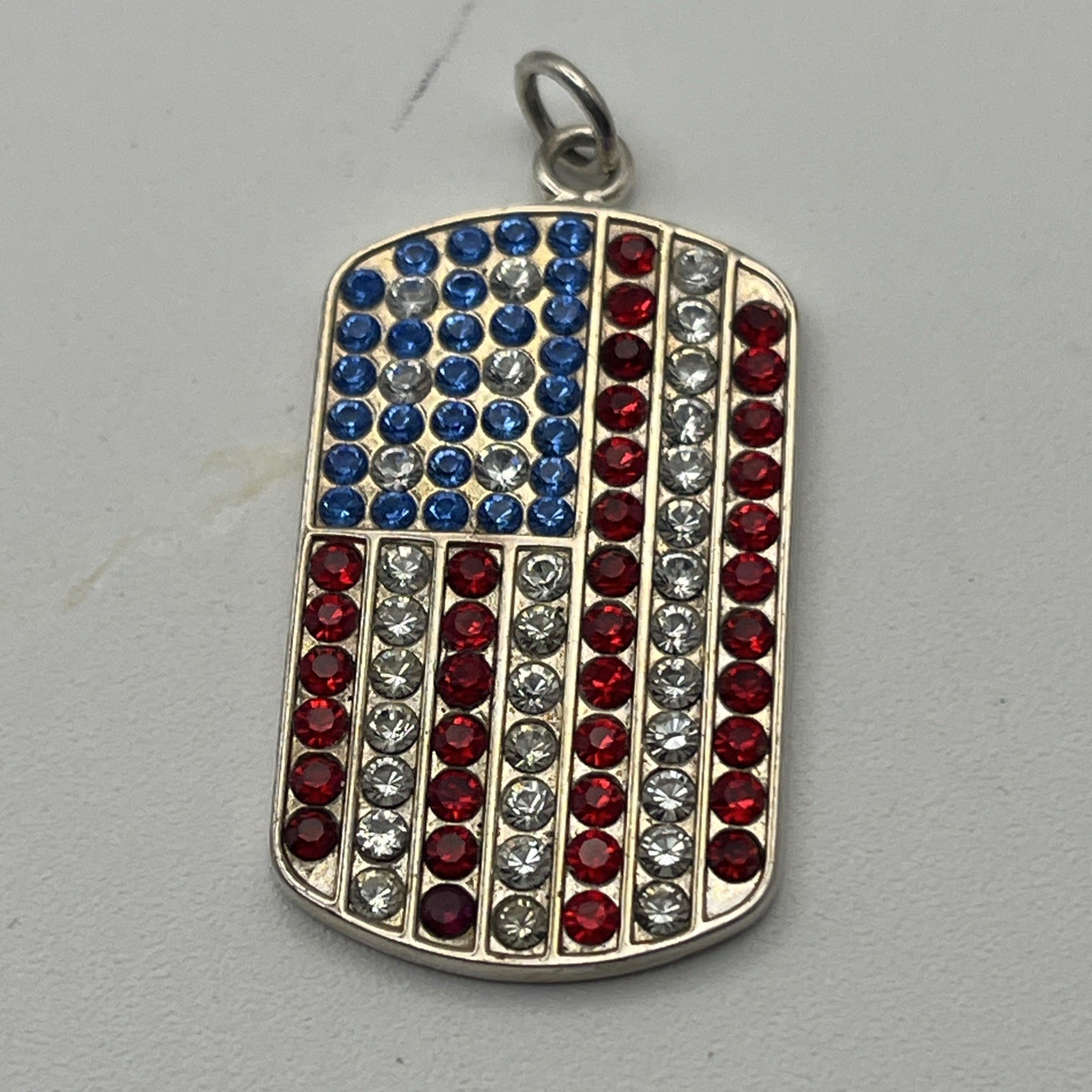 VTG Sterling Silver Cubic Zirconia American Flag Design Dog Tag Pendant
