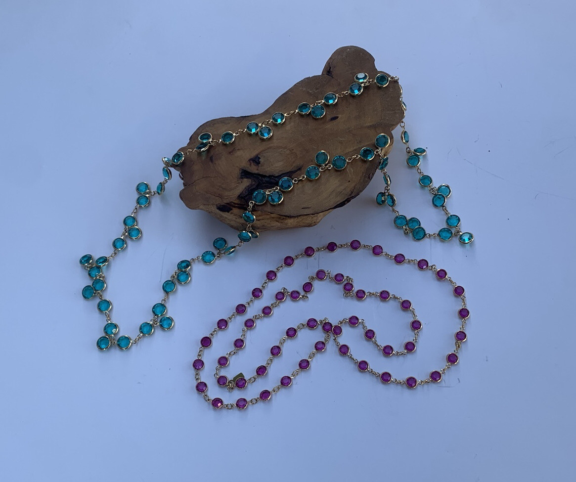 2 Vintage Swarovski Necklace Bezel faceted crystals Pink and Blue swan tag Vtg