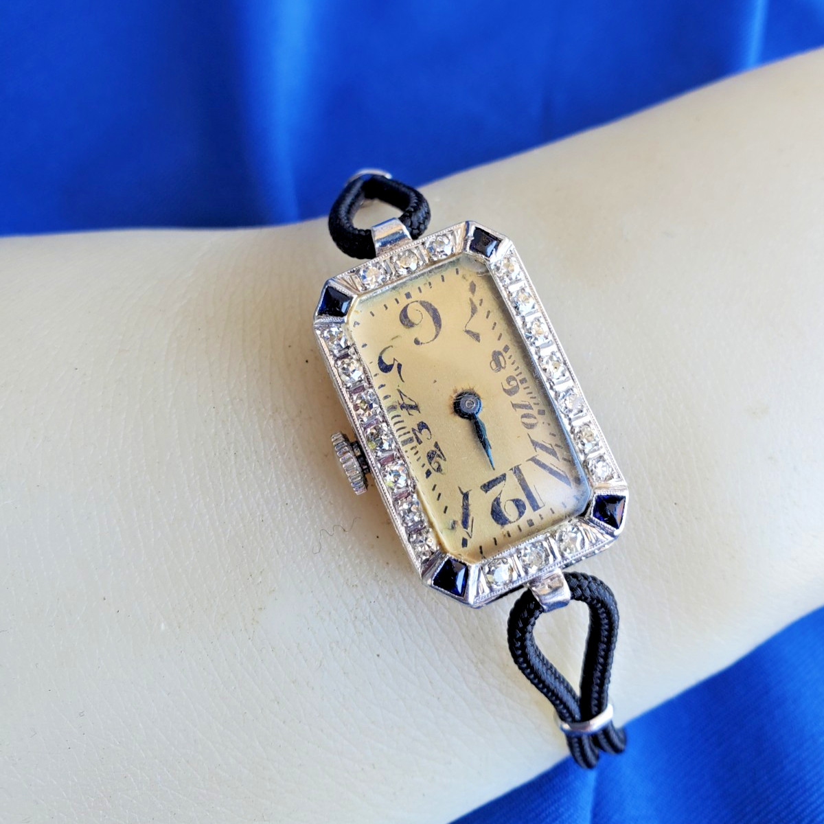 Original EARTH MINED DIAMOND Deco Sapphire Watch Antique PLATINUM Statement 1920