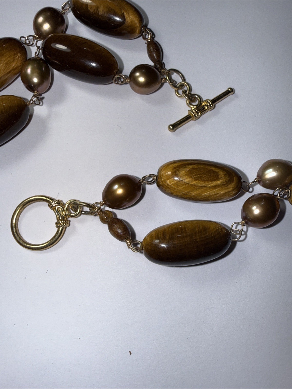 Necklace 2 Strand Tiger’s Eye Cultured Pearl Vermeil Toggle Clasp Vintage Unused