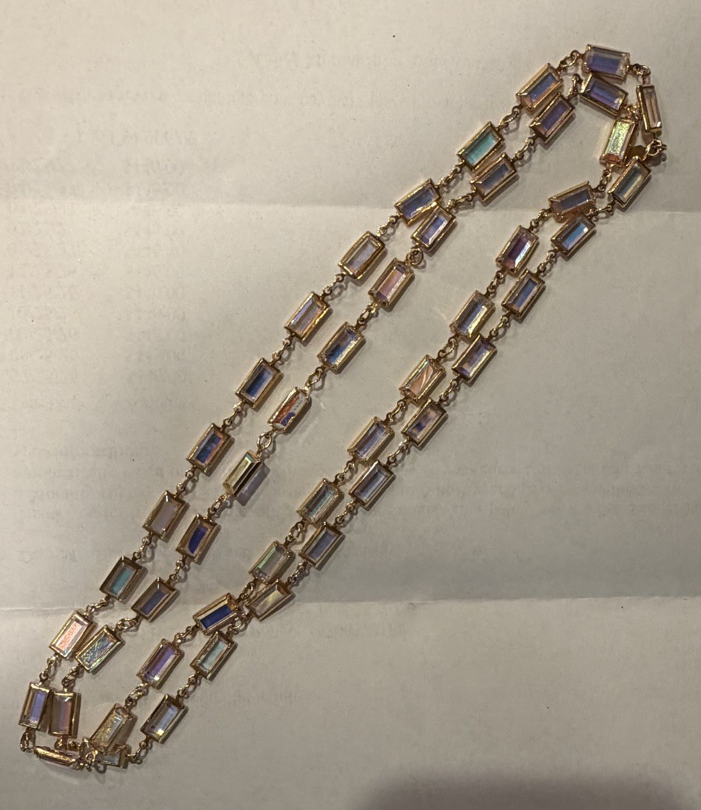 Vintage Swarovski Aurora Borealis Baguette Crystal Necklace Gold Tone Signed