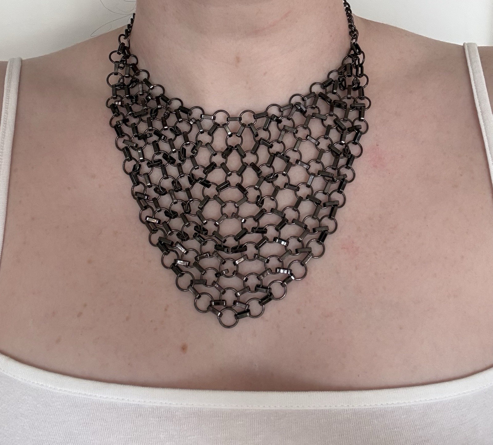 R.J. Graziano Gunmetal Chainmail Bib Statement Necklace Adjustable Collar Y2K