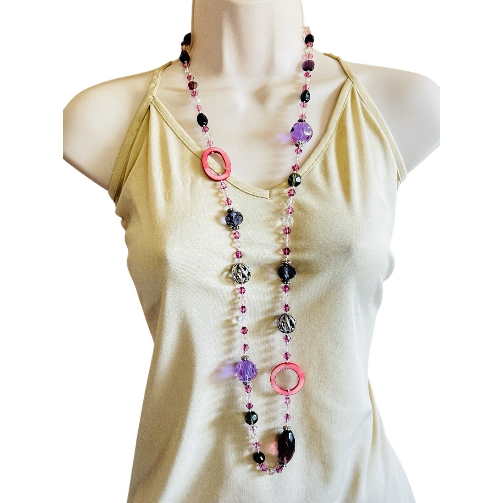 Vtg Necklace 90s Crystal Purple Pink Faceted Beads Mother Of Pearl Beads 40″