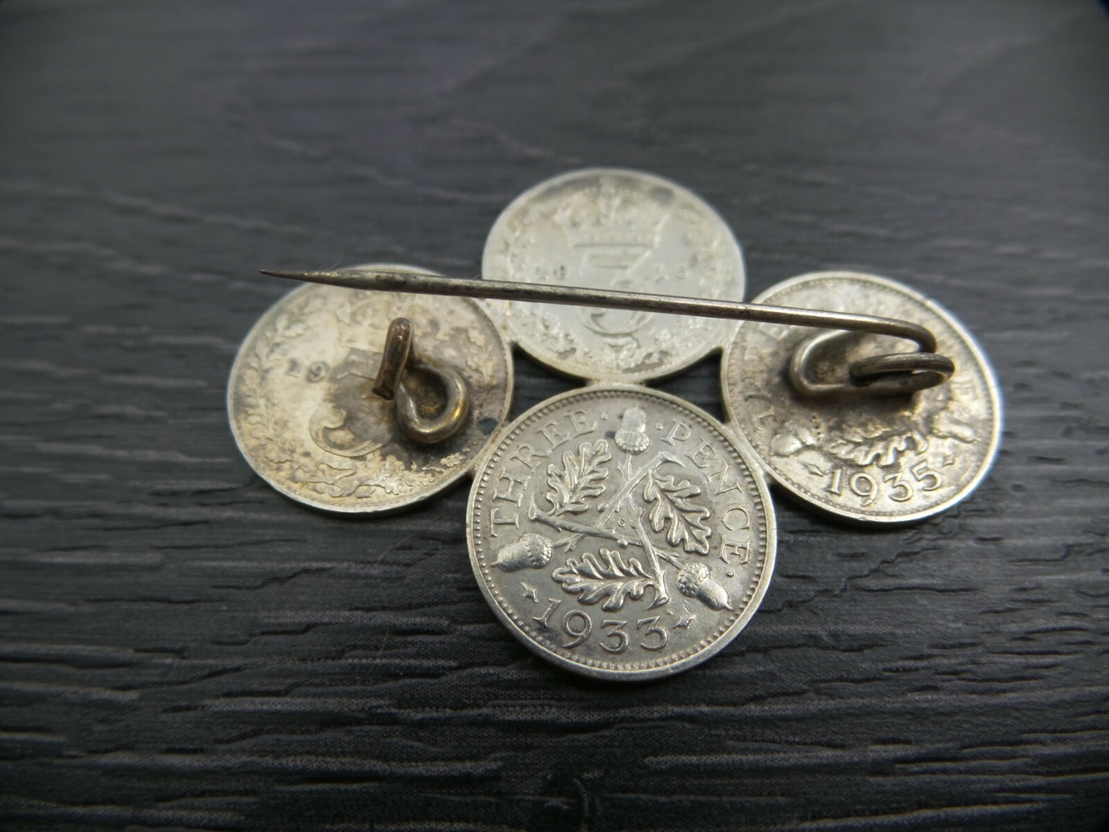 Vintage 500 Silver Great Britain 3 Pence 1916, 1933, 1935 Brooch Pin