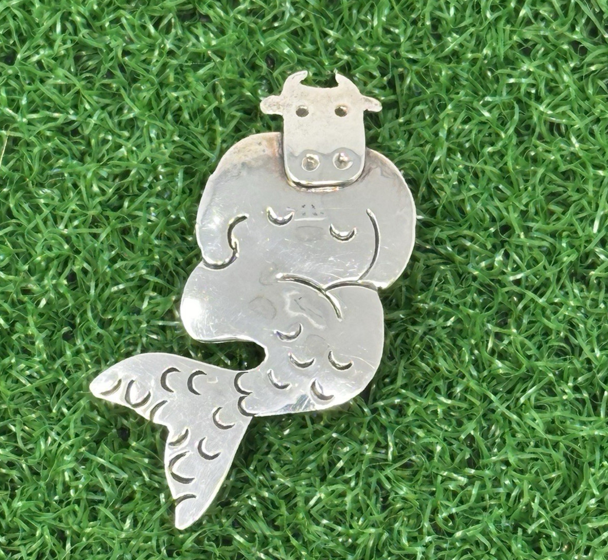 1990s Far Fetched Silver Cow Mermaid Brooch Pin Mexico Modernist Figural Jewelry