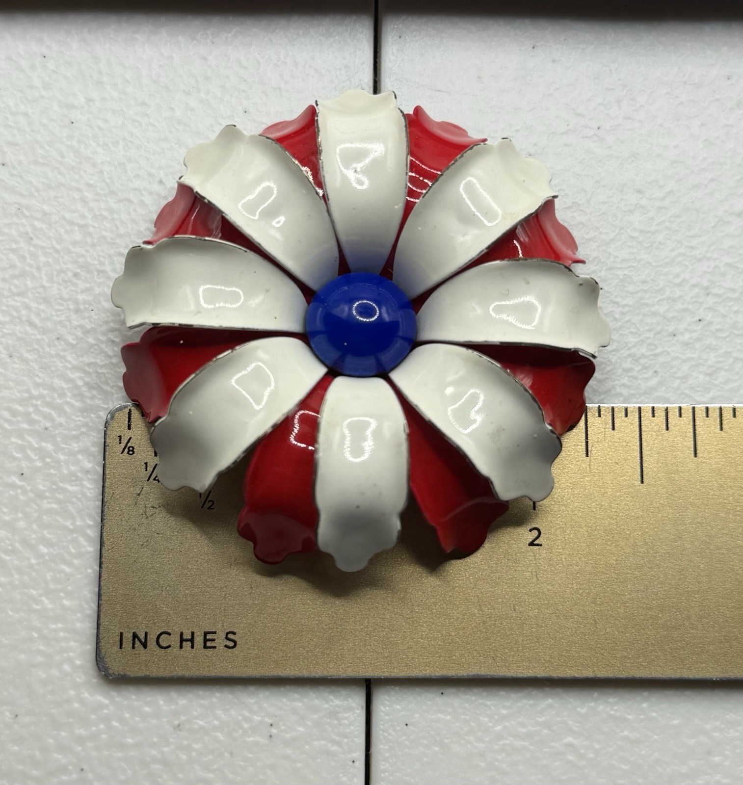 Vintage MCM Red White Blue Enamel Flower Brooch Pin Patriotic 4th Of July