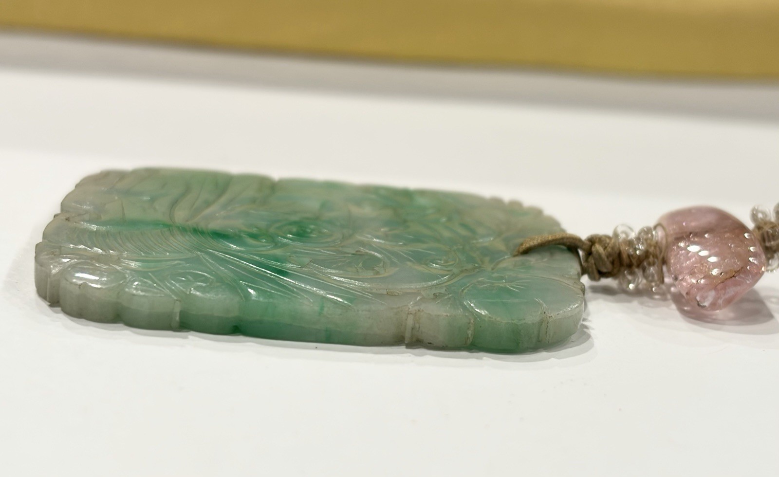 Antique 18g Chinese Carved Jade Pendant Pink Tourmaline Bead Bat & Butterfly