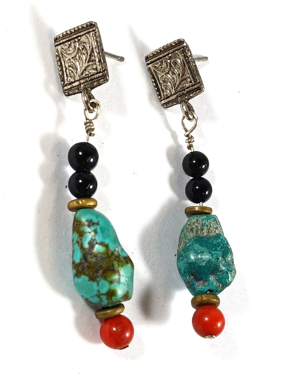 Southwest Bracelet Earrings Sterling Turquoise Amber Trade Beads Coral Vaseline