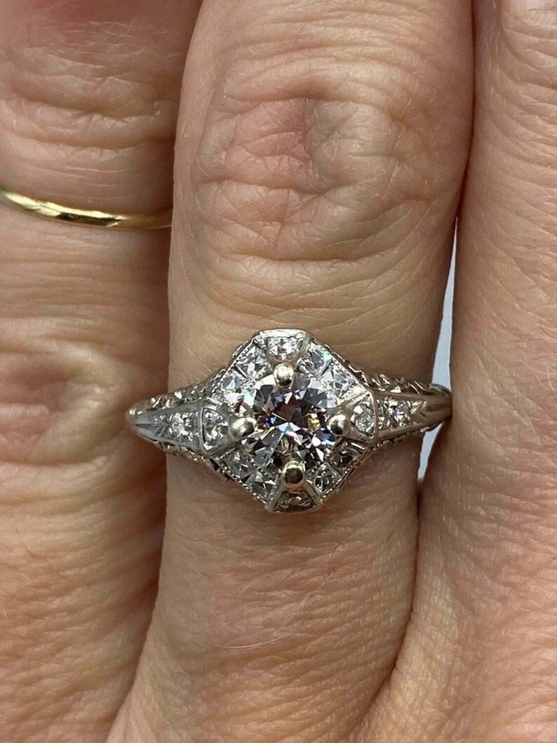 Art Deco Vintage Round Cut Lab Created Diamond 925 Silver Engagement Bridal Ring