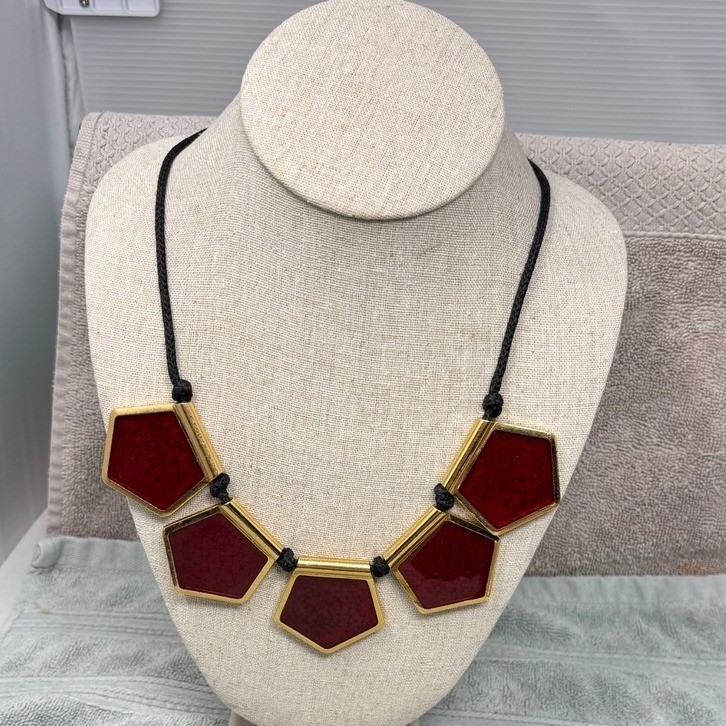 Vintage Yves Saint Laurent YSL Red Gold Pentagonal Statement Cord Necklace