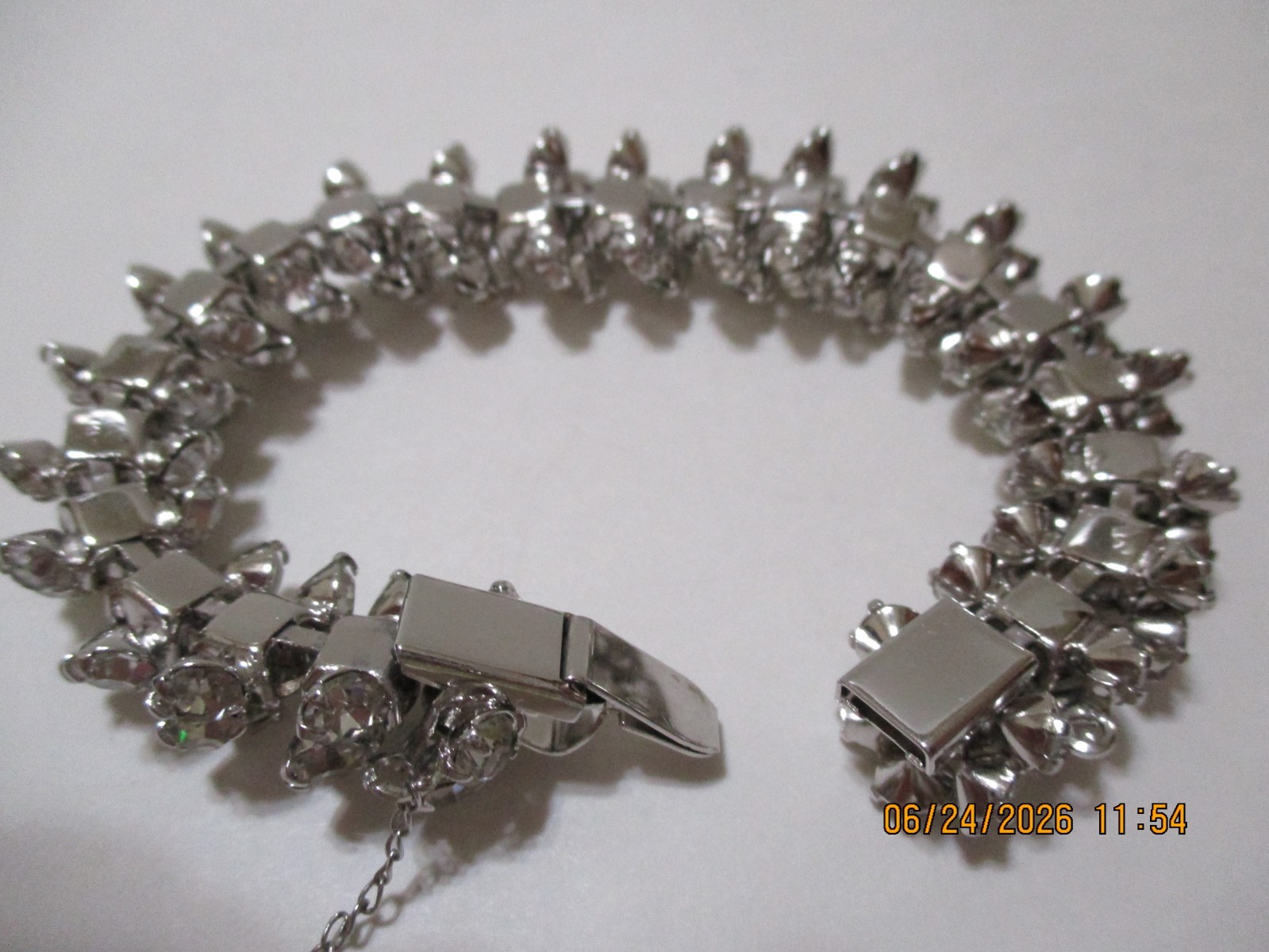 Vintage High End Rhinestone & Silver Tone Bracelet with Safety Chain 7.5 “