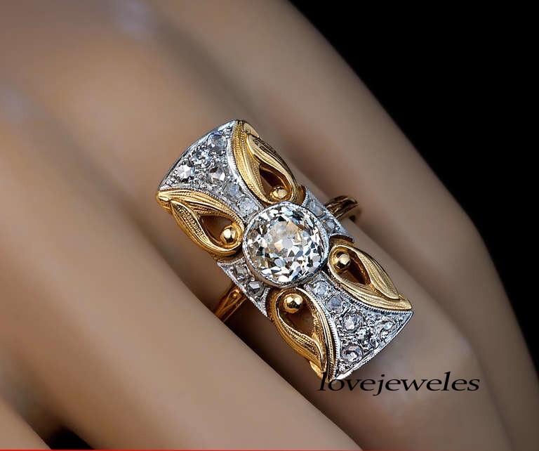 3CT Round Lab-Created Diamond Vintage Art Deco Wedding Ring 14K 2-Tone Gold Over