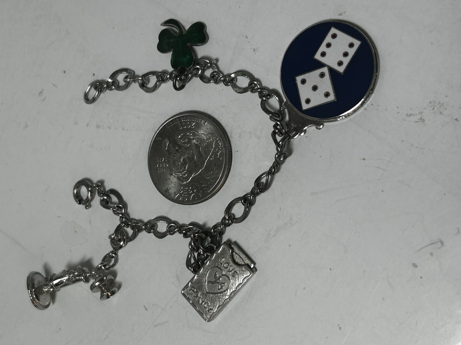 Vtg Silver Tone Charm Bracelet 1 Charm Sterling 7″ Lucky Clover Phone Love B731