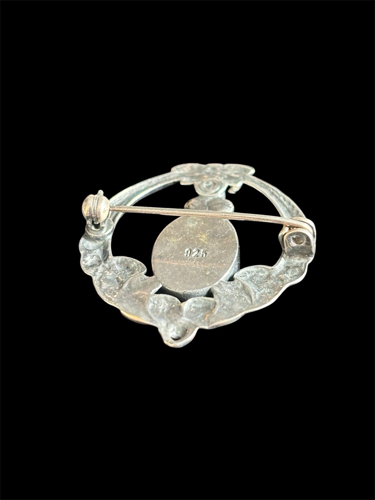Vtg Reproduction Victorian Mourning Brooch Sterling Silver Black Onyx Rhinestone
