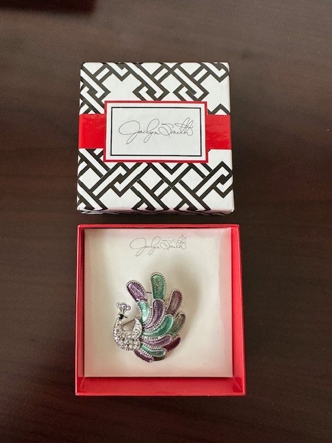 Vintage Jaclyn Smith Peacock Brooch Enamel Rhinestone Silver-Tone