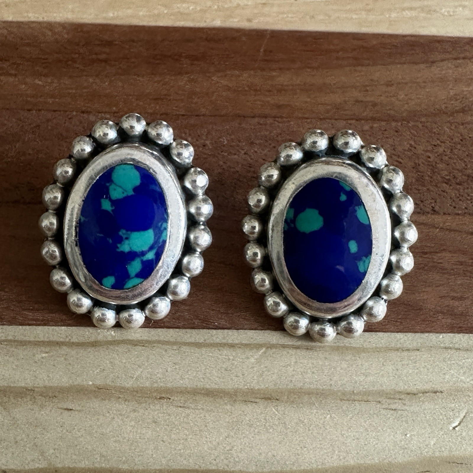 Vintage Mexico Stud Earrings 1″ Azurite Malachite Bead Accent 925 Sterling 8.8g