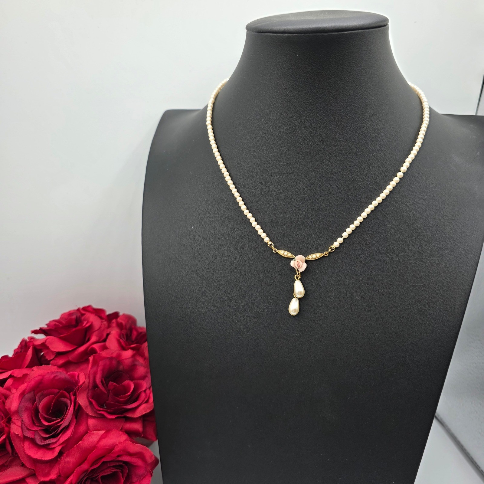 1928 Jewelry Gold Tone Faux Pearl Pink Rose Victorian Revival Drop Necklace 15″
