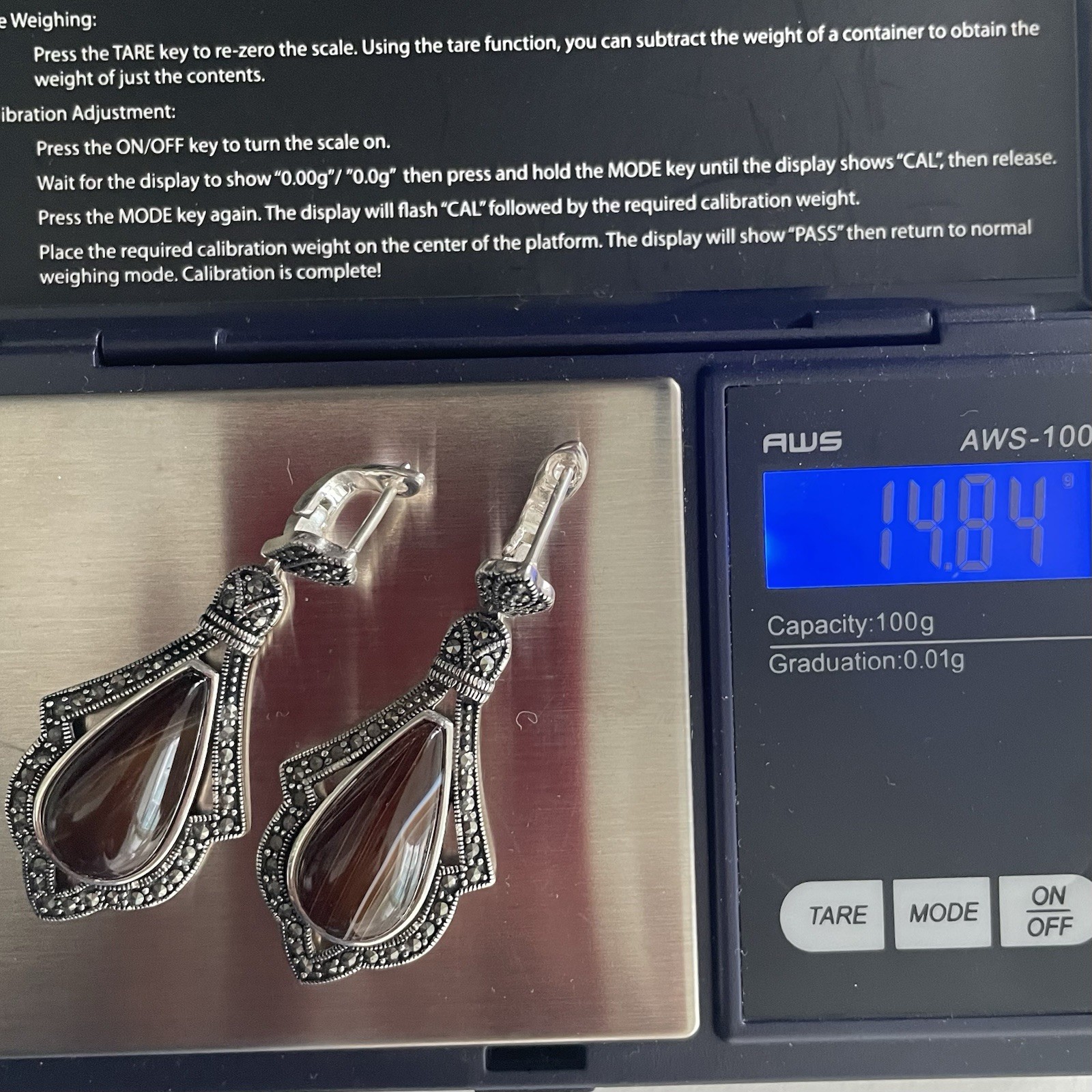 QSYZP Silver Marcasite Banded Agate Sardonyx Teardrop Dangle Earrings Vintage