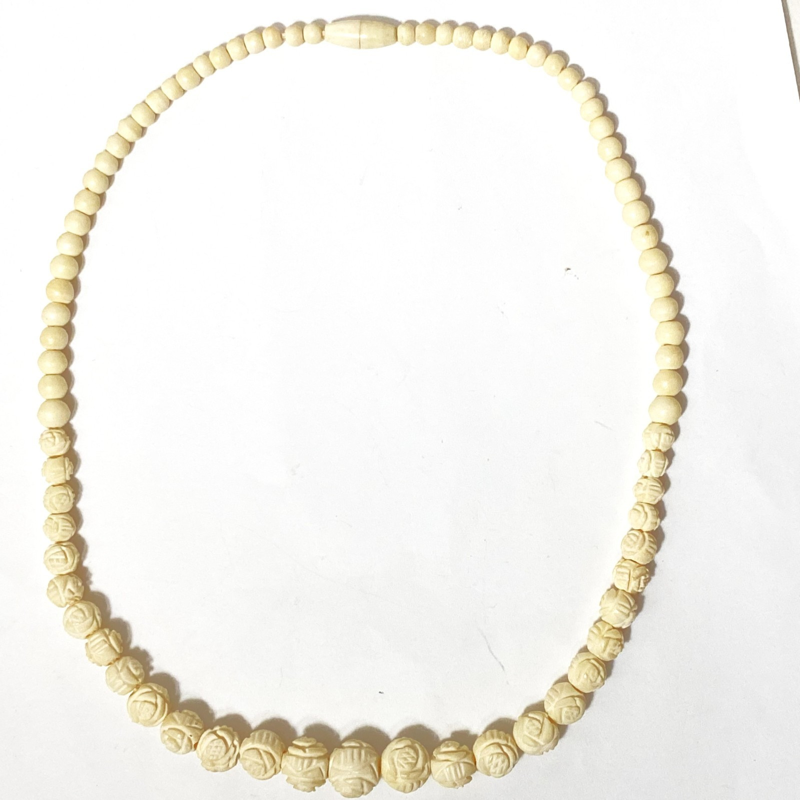 19″ Bovine Bone Necklace 29-Carved Rose, 50-Smooth Graduated Beads 4mm-22mm