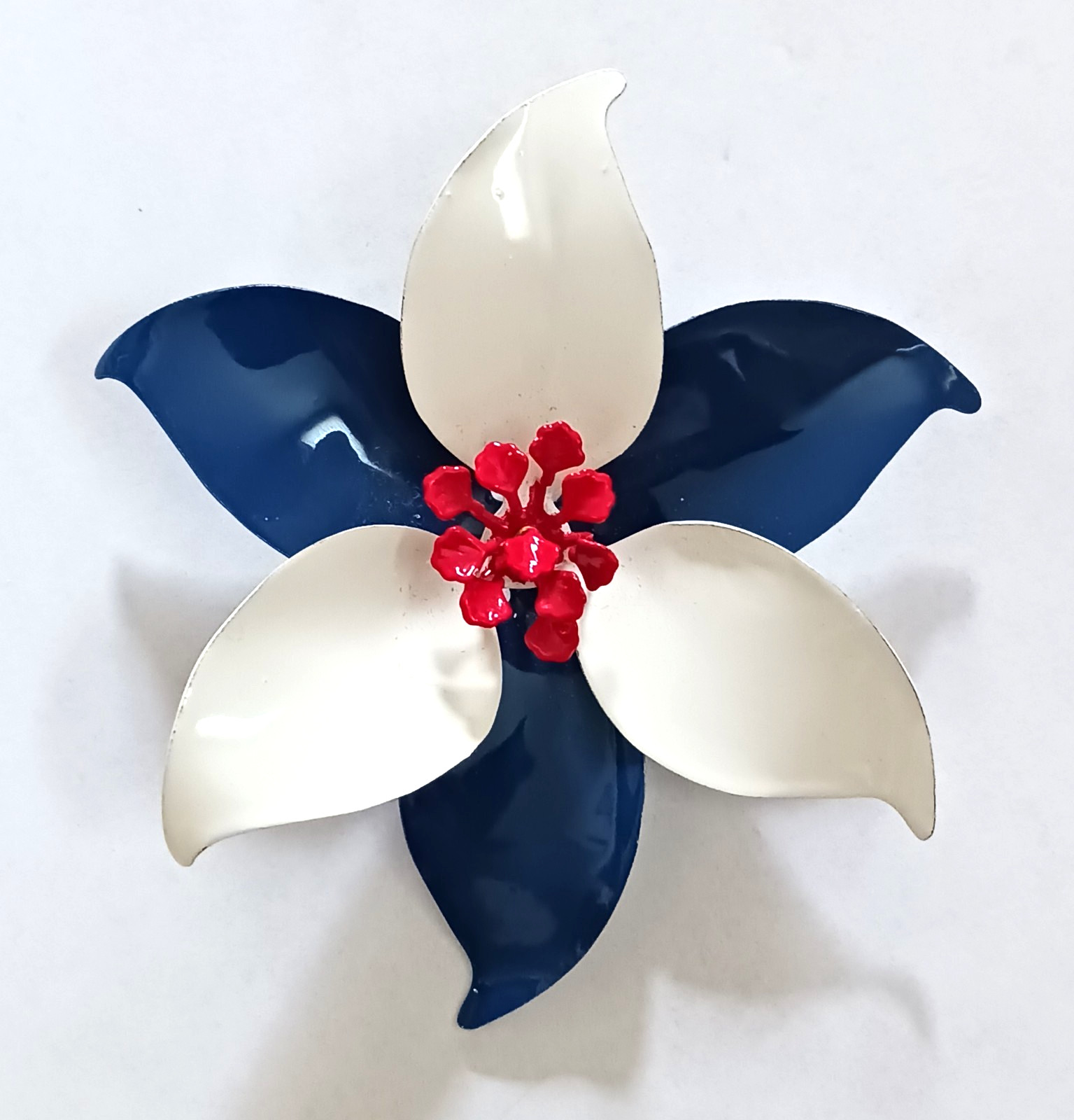 Vintage Enamel Flower Brooch ~ Red, White, Blue ~ 3.25 inch